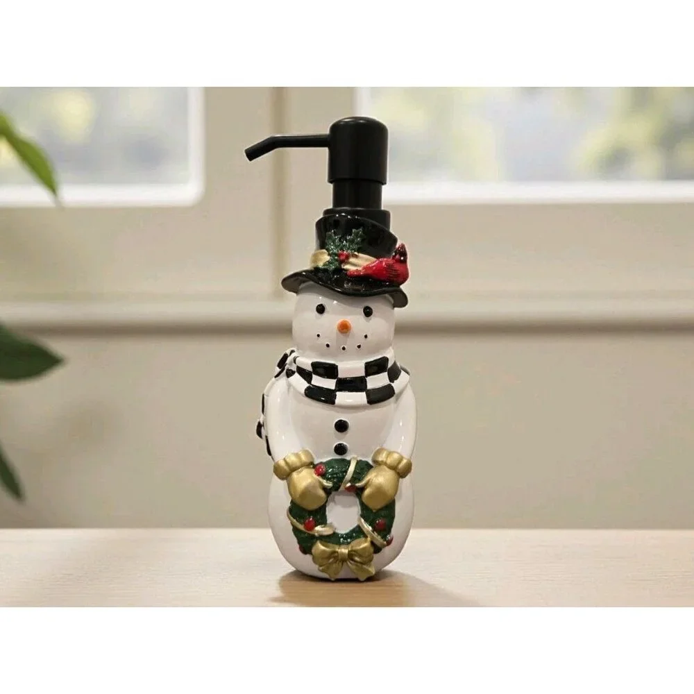 New Christmas White Snowman W/ Hat Red Robin Bird Soap Dispenser Decoration